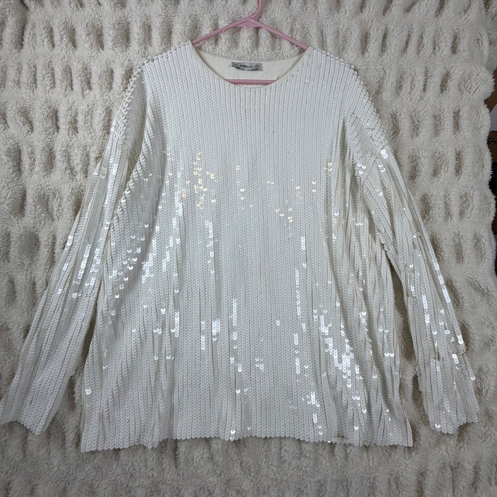 Zara Knit Womens White Sequin Long Sleeve Crew Neck Top Size M Relaxed Fit